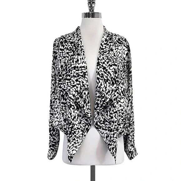 Yumi Kim Open Front Draped Silk Blazer Jacket Large Black White Corpcore Career - Picture 2 of 11